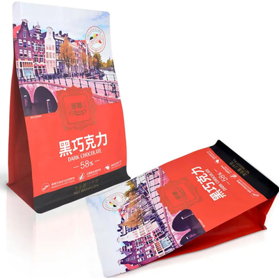 Bao bì túi nhựa tùy chỉnh Ziplock Stand Up Pouch Gusset Chocolate Coffee 8 mặt niêm phong túi đáy phẳng với niêm phong
