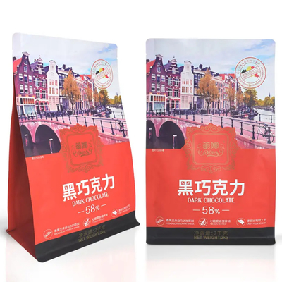 Bao bì túi nhựa tùy chỉnh Ziplock Stand Up Pouch Gusset Chocolate Coffee 8 mặt niêm phong túi đáy phẳng với niêm phong