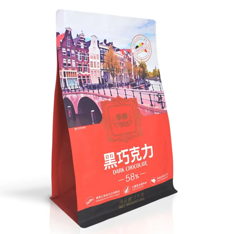 Bao bì túi nhựa tùy chỉnh Ziplock Stand Up Pouch Gusset Chocolate Coffee 8 mặt niêm phong túi đáy phẳng với niêm phong